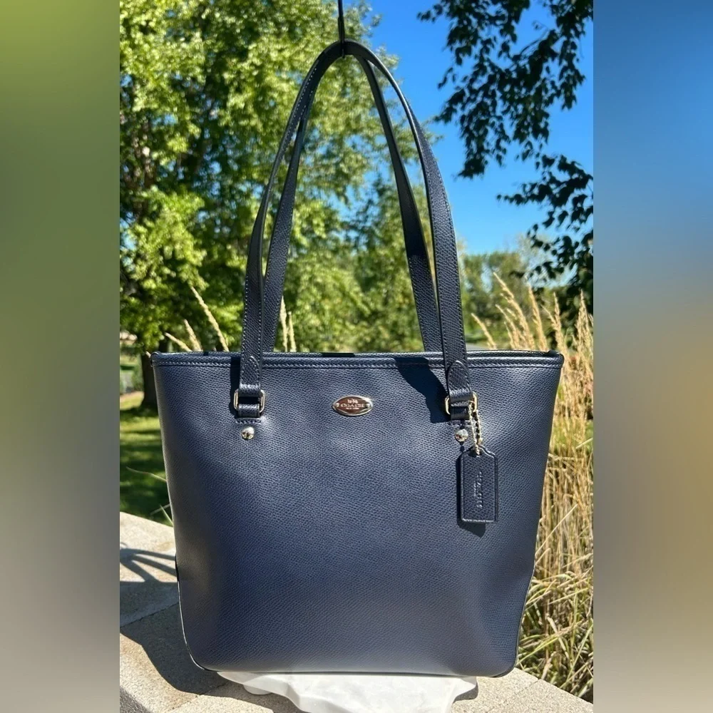 Coach Zip Top Tote F35204 Midnight Blue Crossgrain Leather